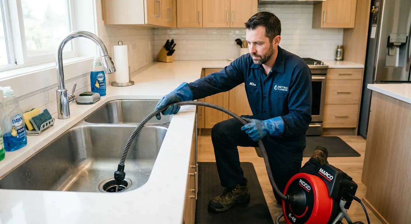 Drain cleaning technician using a motorized snake on a kitchen sink in Wellington