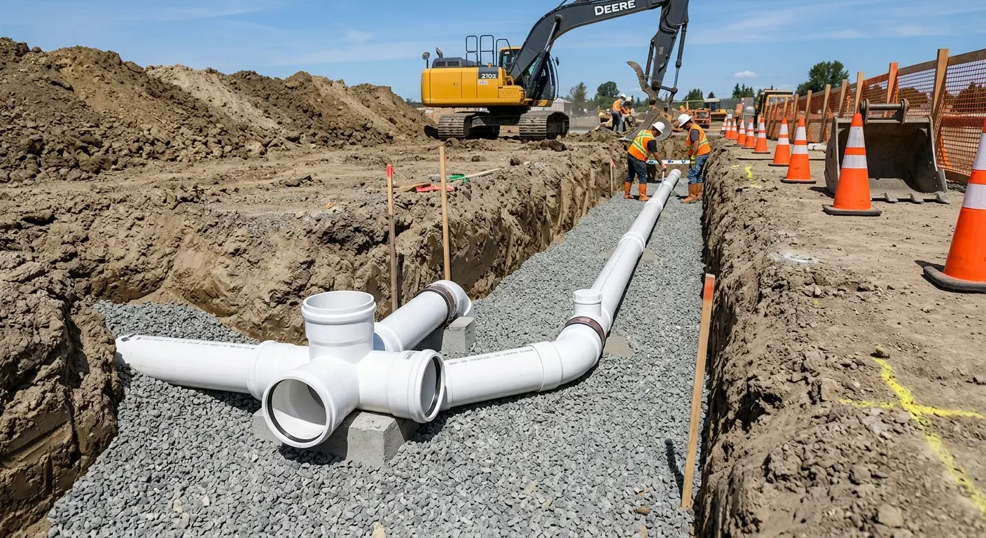 New PVC sewer pipe installation in open trench for Commercial Drain Cleaning in Wellington