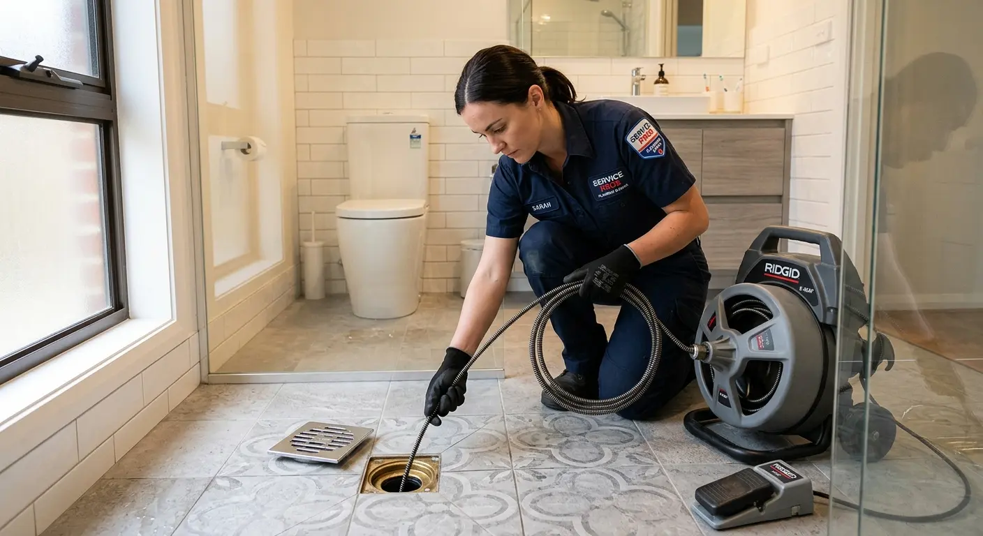 Technician clearing a bathroom floor drain for Sewer Line Replacement in Wellington